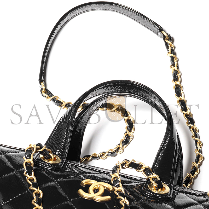 Ch*el large bowling bag patent crumpled calfskin & gold-tone metal black as5579 (31*17*13cm)